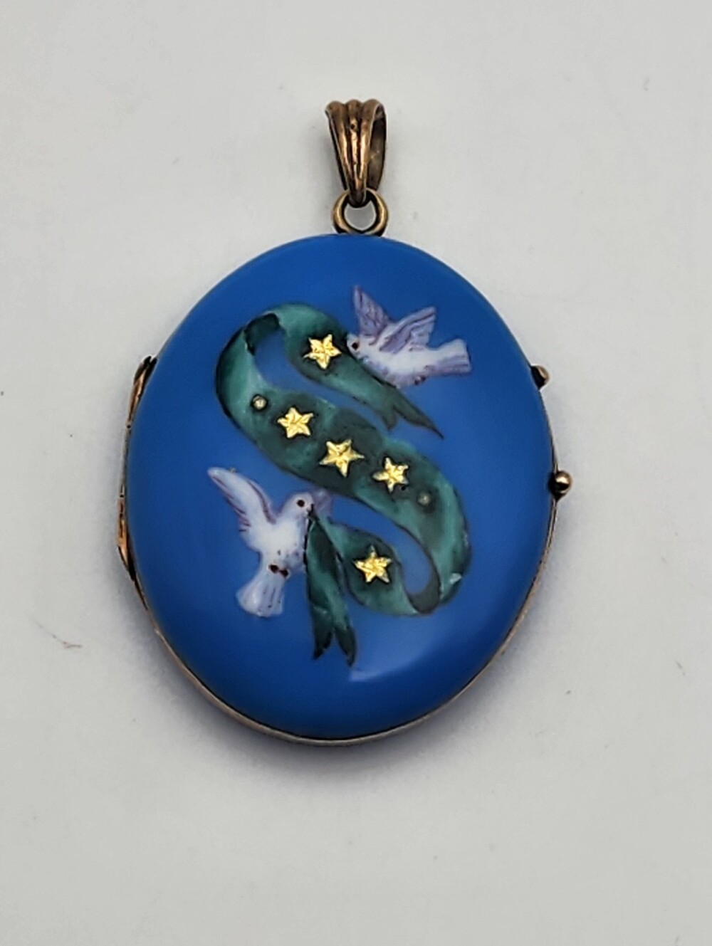Antique Victorian 14K & Blue Enamel Doves, Ribbon, & Stars Locket - Picture 1 of 10